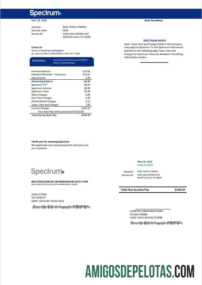 imprimível Modelo de conta de serviços públicos do USA Spectrum em formato Word e PDF (.doc e .pdf)